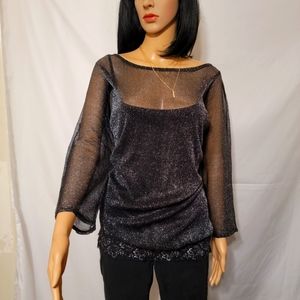 Maurice 2XL women's blouse  Black sparkly Sheer top over built in Tank top nwot
